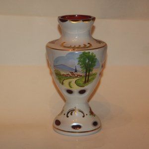 BOHEMIAN MOSER CZECH WHITE CASED CUT TO RED GLASS VASE SCENIC HAND PAINTED